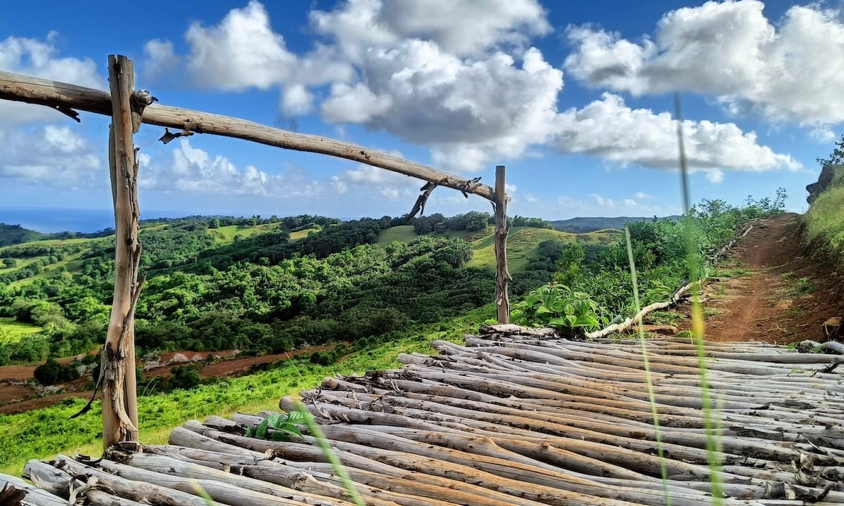 Mountain bike trail with a rustic wooden bridge overlooking lush green hills and the ocean in southern Mauritius.
